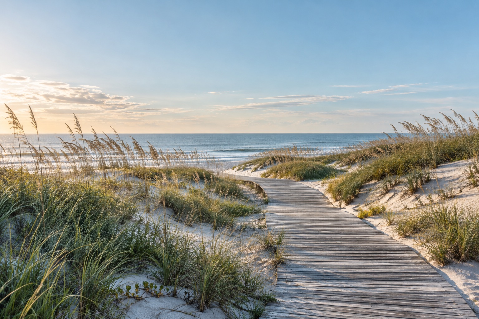 A quiet boardwalk through coastal dunes toward the open ocean